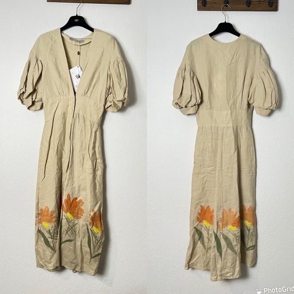 Silvia Tcherassi Cameron Puff Sleeve Linen-Blend Midi Dress - Picture 2 of 11